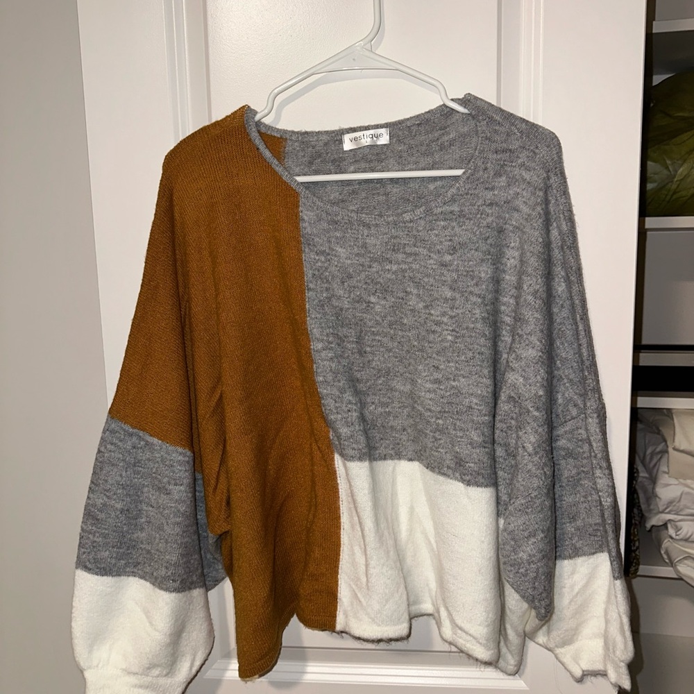 Vestique Colorblock Sweater - Gray, White, and Brown